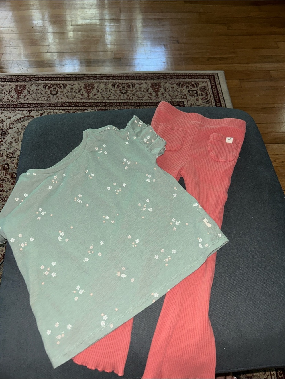 Girls Floral Mint Green Top with Coral Pink Ribbed Pants